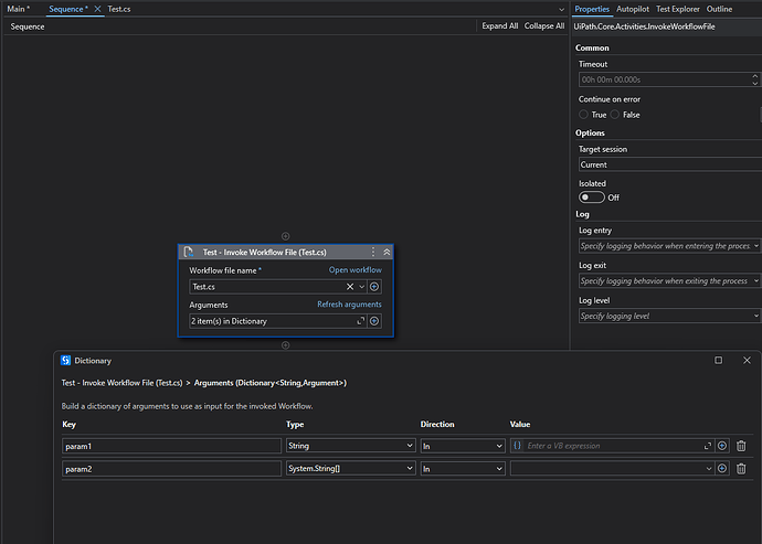 The image displays a UIPath development interface showing a configured workflow file invocation with arguments specified in a dictionary. (Captioned by AI)