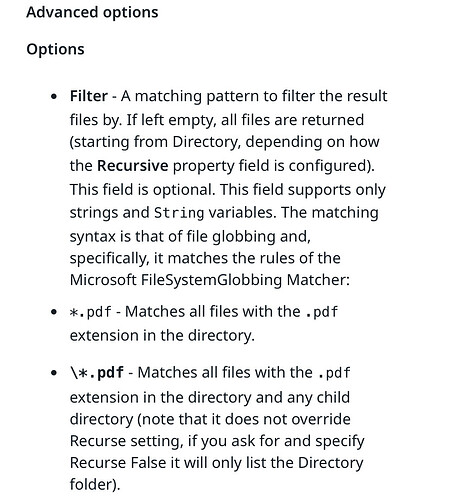 The image details advanced file filtering options, including syntax for matching files with specific extensions in a directory and its subdirectories using Microsoft FileSystemGlobbing Matcher rules. (Captioned by AI)