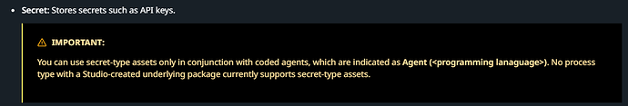 A highlighted important note states that secret-type assets are only usable with coded agents, labeled as Agent (programming language), and are currently unsupported by Studio-created packages. (Captioned by AI)