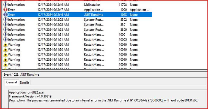 A screenshot of the Event Viewer displaying a .NET Runtime error with event ID 1023 related to "rundll32.exe," indicating a process termination due to an internal error with exit code 80131506. (Captioned by AI)