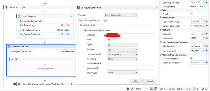 The image shows a configuration panel in a workflow automation tool for connecting to a server using SSH with specified credentials and connection parameters. (Captioned by AI)