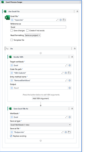 The image depicts an Excel Process Scope workflow that uses an "Input.xlsx" file, invokes a VBA script to remove blank rows, and saves the result as "Output.xlsx". (Captioned by AI)