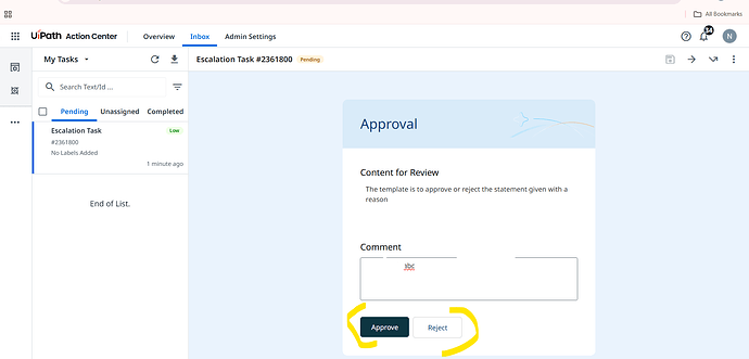 The image displays the user interface of the UiPath Action Center with a selected escalation task for approval, offering options to approve or reject. (Captioned by AI)