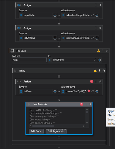 The image shows a sequence of automation activities in UiPath involving data extraction, splitting rows by a delimiter, processing each row, splitting columns by another delimiter, and invoking custom code. (Subtitulado por IA)
