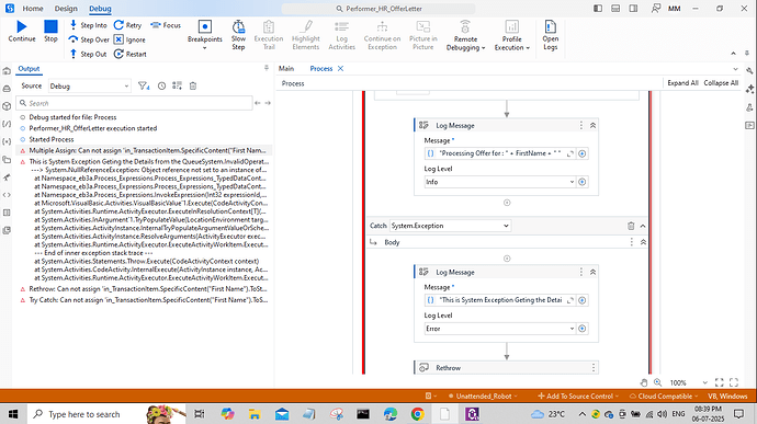 A detailed view of a debugging interface in UiPath Studio showcasing process steps and error messages related to runtime exceptions. (Captioned by AI)