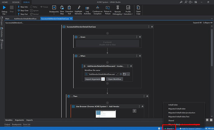This image shows the UIPath Studio environment displaying a test case workflow with the "Add to Source Control" context menu and a highlighted "Shared" option in the bottom right corner. (Captioned by AI)
