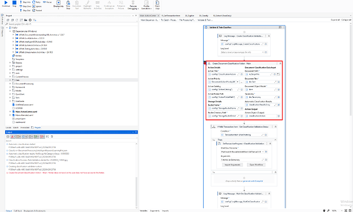 The image displays a screenshot of a UiPath automation workflow, featuring an error notification related to the "Create Document Classification Action" activity, within the development interface. (Captioned by AI)