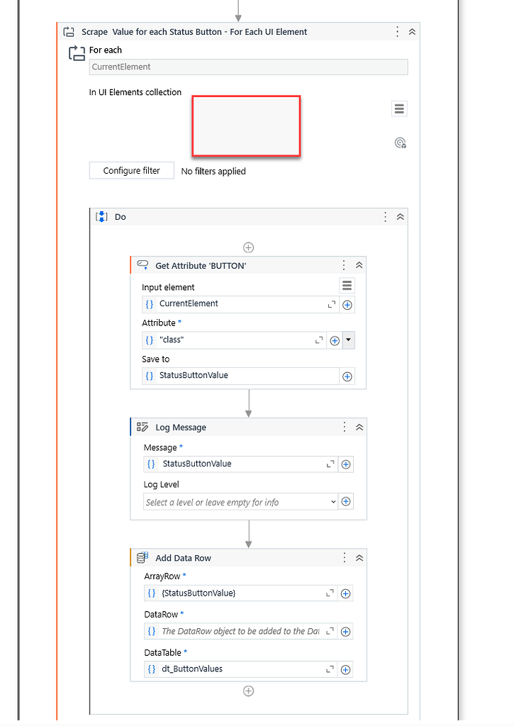 For each UI Element write output in data table Studio UiPath