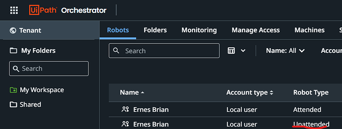 This image shows the Robot management interface of UiPath Orchestrator with a list of robots, their account types, and robot types. (Captioned by AI)
