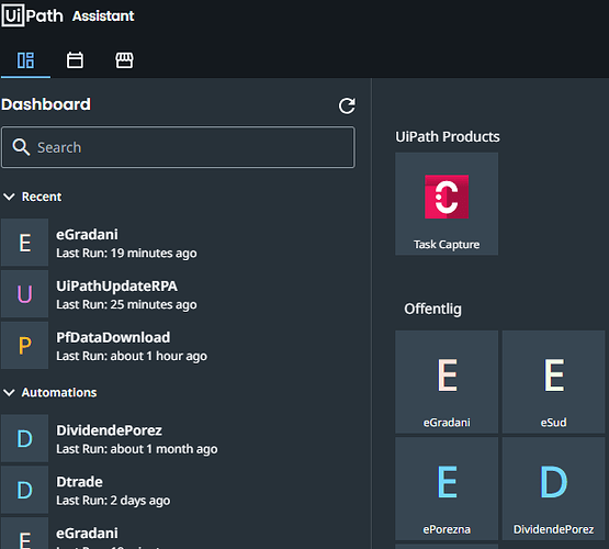 The image shows the UiPath Assistant dashboard with a list of recent runs and automations, a search bar, and a visible UiPath product, Task Capture, along with a panel of public projects. (Captioned by AI)