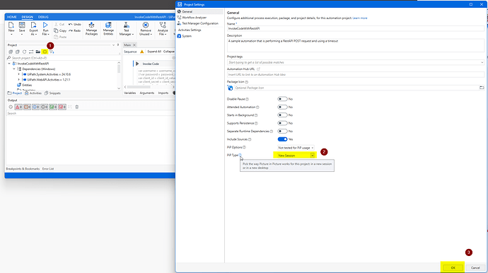 This image shows a UiPath Studio interface focusing on project settings for an automation project named "InvokeCodeWithRestAPI," with attention to configuring the "PiP Type" and saving the changes. (Captioned by AI)
