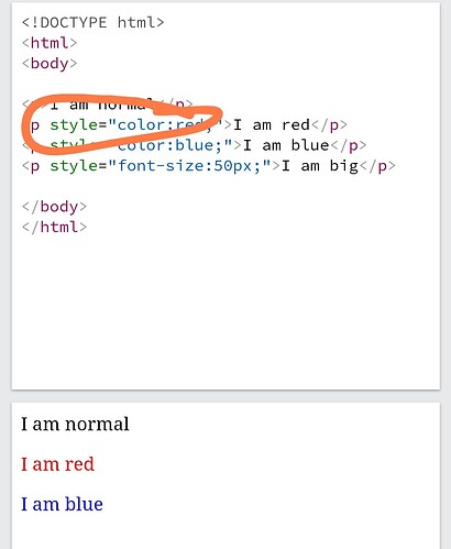The image shows an HTML code snippet with styled text, where each line of text is styled differently, and the resulting HTML rendering displays "I am normal" in black, "I am red" in red, "I am blue" in blue, and "I am big" in larger font size, with an orange... (Captioned by AI)