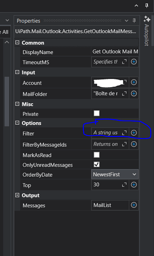 The image displays the properties panel of the "Get Outlook Mail Messages" activity in UiPath Studio, with the "Filter" option highlighted in blue. (Captioned by AI)