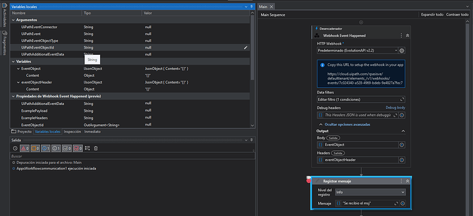 The image shows a screenshot of the UiPath automation platform with a focus on configuring a webhook event and variables within a main workflow sequence. (Captioned by AI)