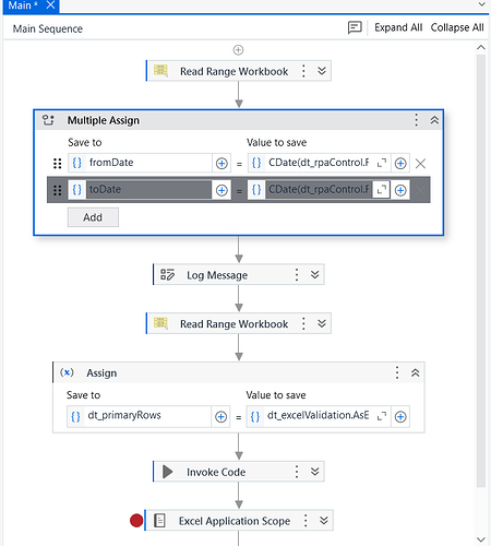 A workflow sequence in an automation software displaying multiple steps including reading range from workbook, assigning dates, logging messages, and invoking code within an Excel application scope. (Captioned by AI)