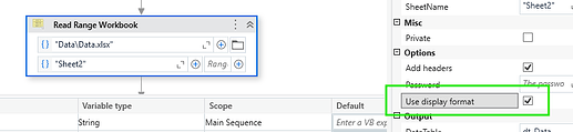 A screenshot showing the configuration of the "Read Range Workbook" activity in UiPath, highlighting the option "Use display format" being checked. (Captioned by AI)