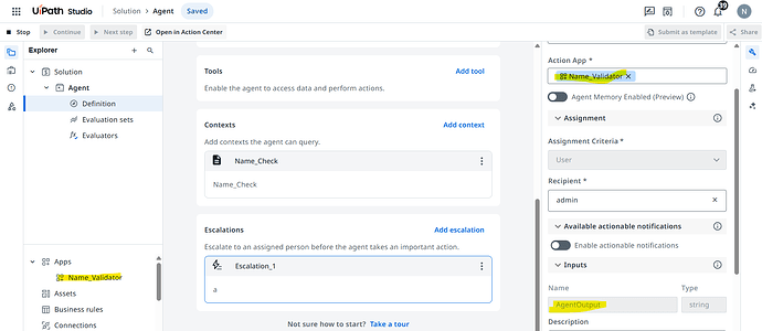 The image showcases the interface of UiPath Studio, displaying configurations for agent definition, tools, contexts, escalation parameters, and input settings for a 'Name Validator' application. (Captioned by AI)