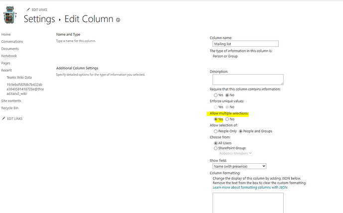 The image shows a SharePoint settings page for editing a column named "Mailing list" with an option for allowing multiple selections highlighted. (Captioned by AI)