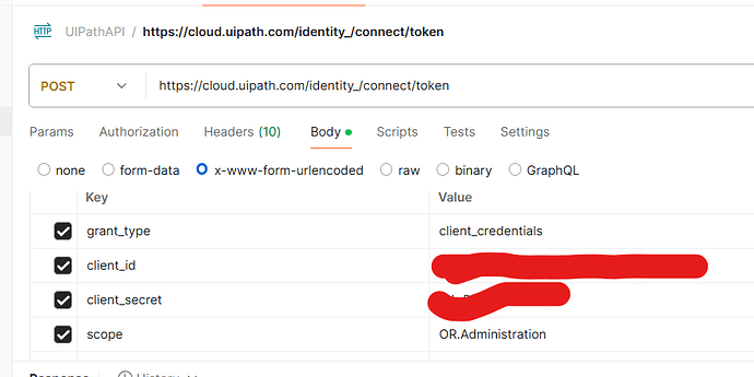 The image shows an API request setup in Postman for obtaining a token from UiPath API using client credentials, with sensitive information redacted. (Captioned by AI)