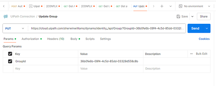 The image shows an interface for sending a PUT request to update a group in UiPath's API, with query parameters including a specified GroupId. (Captioned by AI)