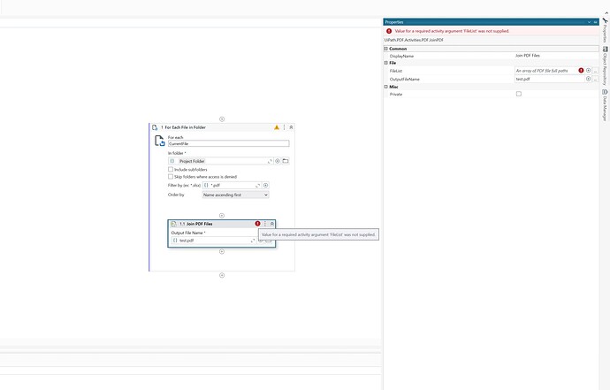 The image shows a screenshot of a workflow in a software application, highlighting an error message indicating that a required activity argument for "FileList" was not supplied. (Captioned by AI)
