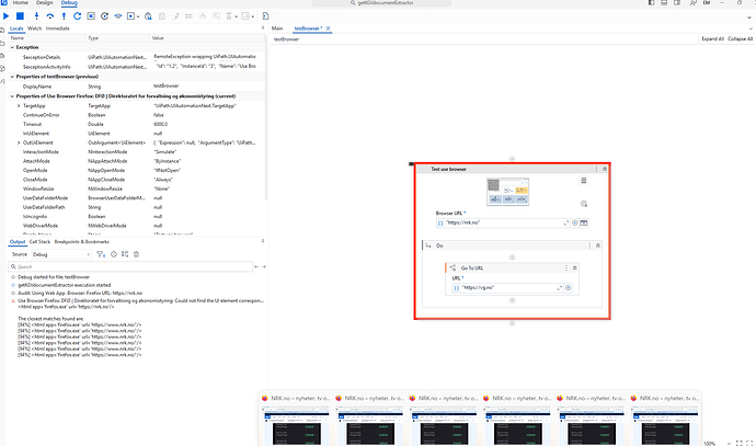The image shows a software debugging interface with a "Test use browser" component attempting to navigate to specific URLs, accompanied by error messages and browser tabs in the background. (Captioned by AI)