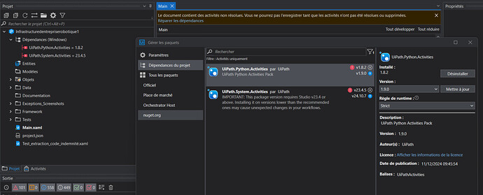 A screenshot of a UiPath project with unresolved dependency issues for the "UiPath.Python.Activities" and "UiPath.System.Activities" packages, displaying options to update or manage these dependencies. (Captioned by AI)