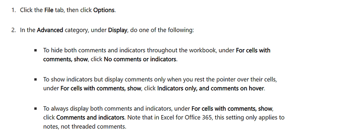 Instructions for modifying comment and indicator display settings in Excel. (Captioned by AI)