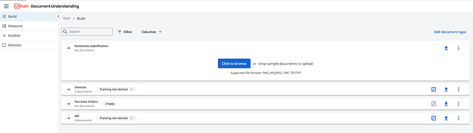The image shows the Document Understanding interface in UiPath with options for building and managing document types such as Invoices, Purchase Orders, and W9 forms. (AI によるキャプション)