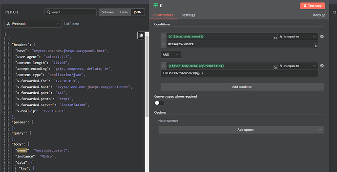 The image shows a webhook data input in JSON format on the left side and conditional parameters for an "If" workflow in an automation tool on the right side, with criteria set to match specific JSON body values. (Captioned by AI)