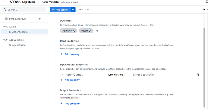 The image showcases a screenshot of the UiPath App Studio interface specifying settings for action schemas and properties for workflow escalations and decisions. (Captioned by AI)