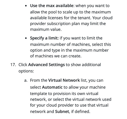 Instructional text on configuring virtual network settings and specifying machine limits when scaling a cloud pool. (Captioned by AI)