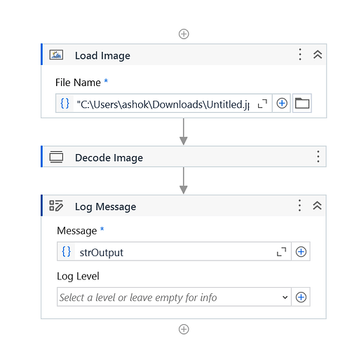 This image shows a sequence of steps in an automation workflow, including loading an image, decoding the image, and logging a message with the output. (Captioned by AI)