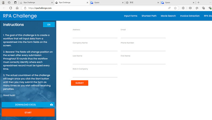 The RPA Challenge website aims to create a workflow for inputting spreadsheet data into form fields that change positions after each submission, with instructions and start button visible. (Captioned by AI)