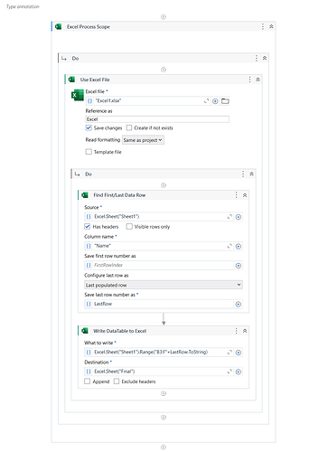 This image depicts a Power Automate flow that reads data from "Sheet1" of an Excel file "Excel1.xlsx," finds the first and last data rows based on the "Name" column, and writes a specified range of data to "Final" sheet. (Captioned by AI)