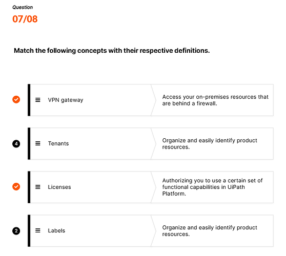 The image displays a multiple-choice question where concepts like "VPN gateway," "Tenants," "Licenses," and "Labels" are matched with their respective definitions, including access to resources, identifying product resources, and authorizing use of UiPath Platform functionalities. (Captioned by AI)