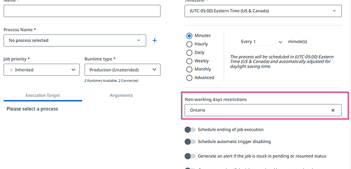 The image shows a scheduling interface for a job process with options for time intervals, timezone settings, job priority, and a restriction set for non-working days in Ontario. (Captioned by AI)