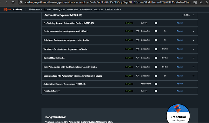 The image shows a completed Automation Explorer (v2023.10) learning plan from UiPath Academy, highlighting various modules and assessments. (Captioned by AI)