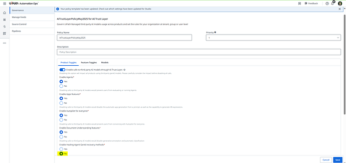 The screenshot depicts the settings management interface for the AI Trust Layer policy in UiPath Automation Ops, including toggles for enabling or disabling specific AI model calls and features. (Captioned by AI)