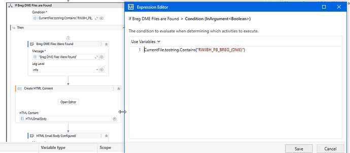 The image shows a software workflow with a conditional expression editor in UiPath, evaluating whether a variable contains a specific string to determine subsequent actions. (Captioned by AI)