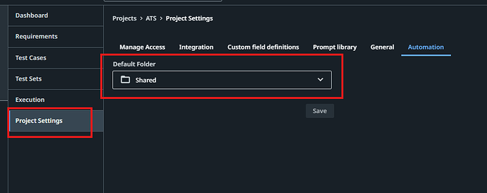 The image shows a software interface for project settings, specifically highlighting the automation tab with an option to select the default folder labeled "Shared." (Captioned by AI)