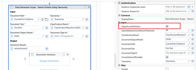 This image depicts a configuration interface for a data extraction scope, highlighting the option to apply auto-validation. (Captioned by AI)