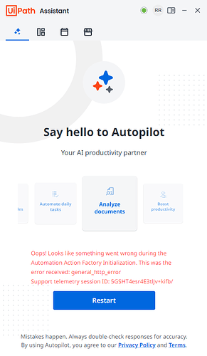 A UiPath Assistant interface with a message indicating an error during the Automation Action Factory Initialization, offering a restart option. (Captioned by AI)