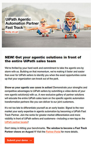 The image promotes the UiPath Agentic Automation Partner Fast Track initiative, encouraging users to demonstrate their solutions for enhanced visibility and market differentiation. (Captioned by AI)