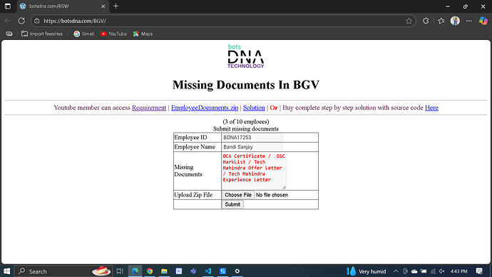 The image shows a webpage titled 'Missing Documents In BGV' from Bots DNA Technology, where users can submit missing documents by uploading a ZIP file and pressing the submit button. (Captioned by AI)