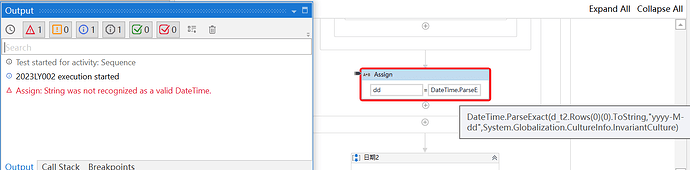 The screenshot shows an output panel with an error message "String was not recognized as a valid DateTime" highlighted, next to a workflow assign activity attempting to parse a DateTime. (Captioned by AI)