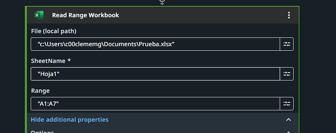 The image shows a configuration screen for reading a specified range of cells ("A1:A7") from the "Hoja1" sheet in the Excel workbook located at "C:sers00clememgocumentsrueba.xlsx". (Captioned by AI)