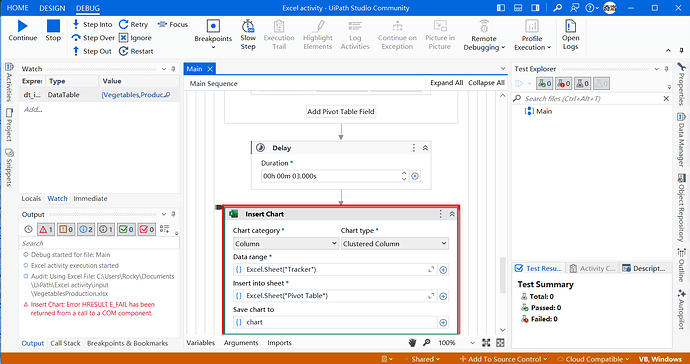 A UiPath workflow is being designed to insert a clustered column chart into an Excel sheet, but an error related to COM component has been encountered. (由 AI 生成标题)