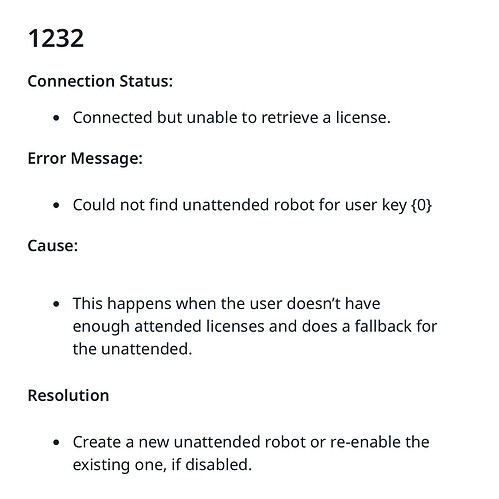 The image provides a troubleshooting guide for error 1232, indicating a connection is established but unable to retrieve a license due to insufficient attended licenses, recommending creating a new unattended robot or enabling an existing one. (Captioned by AI)