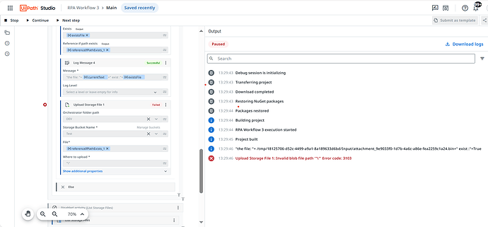 The image shows the UiPath Studio interface during a debug session where an error occurs, indicating an "Invalid blob file path" with error code 3103 in the output panel. (Légende par l'IA)